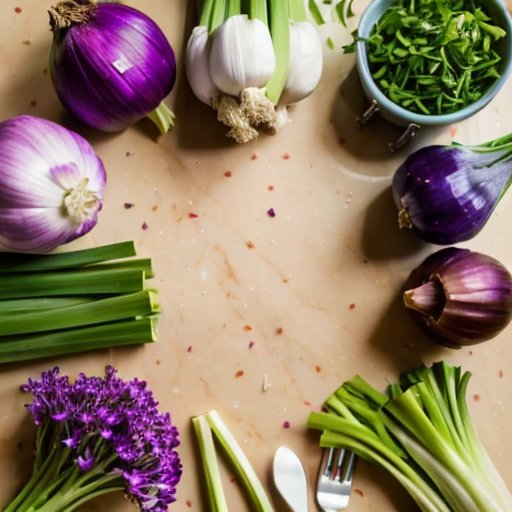 Яркий кухонный стол с различными аллиумами: чеснок, зеленый лук и фиолетовые шалоты, окруженные кухонными принадлежностями и травами.
