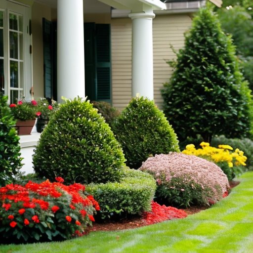 Сад с разнообразными растениями: лавровишня, тис, карликовая ель и барбарис, окружённый туей и жимолостью, с вечнозелеными махонией и падуб