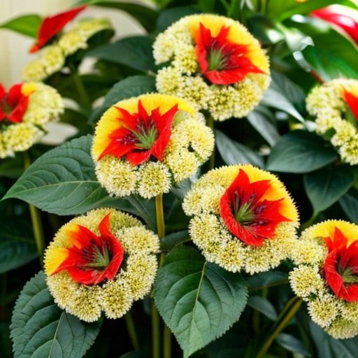 Яркое растение амаранта с цветными листьями и семенами в саду, окруженное элементами здорового питания.