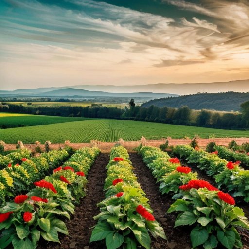 Зеленое поле амаранта под ярким солнцем с красными и зелеными листьями, на переднем плане - инструменты и pH-метр.