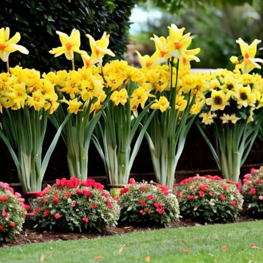 Весенний сад: яркие тюльпаны и нарциссы, зелень, подготовка почвы, солнечное небо.