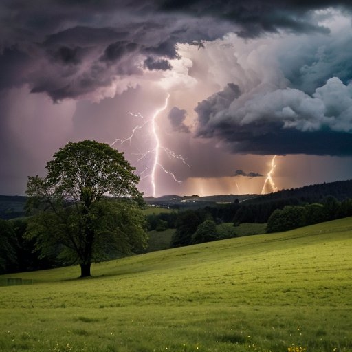Драматичное небо с грозовыми облаками и молниями над цветущими полями и каплями дождя.