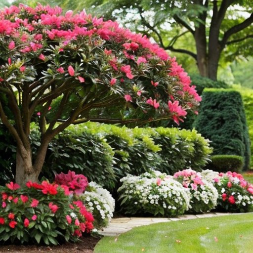 Красивая ландшафтная композиция с яркими азалиями в цвету, уютный уголок с мягким солнечным светом.