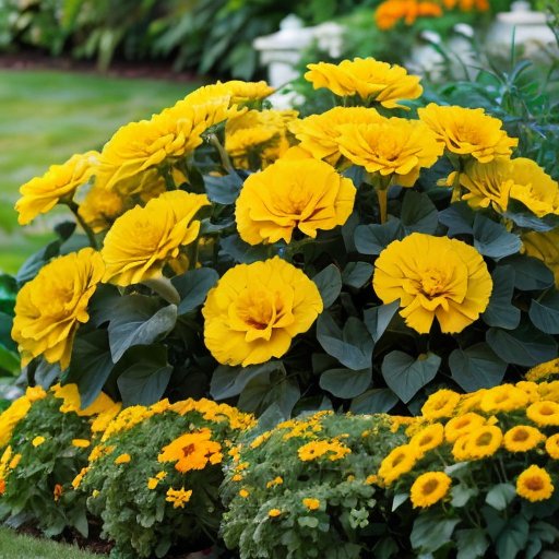 Яркий сад с цветущими бархатцами, зелёной листвой и декоративными элементами.