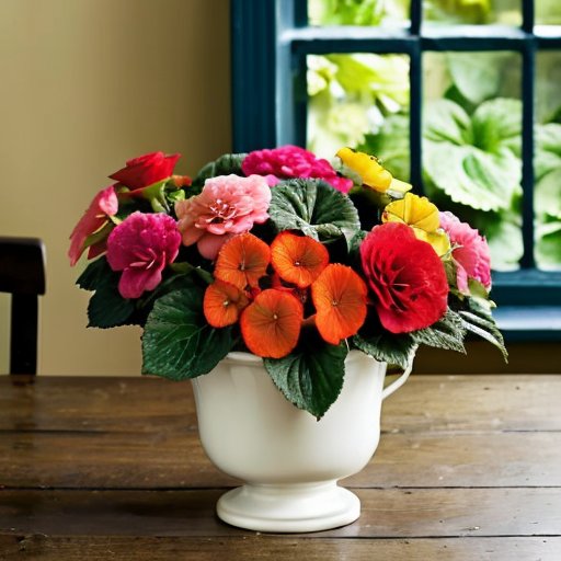 Красиво оформленное внутреннее пространство с бегониями в горшках на деревянном столе у окна, солнечный свет и декоративные элементы.