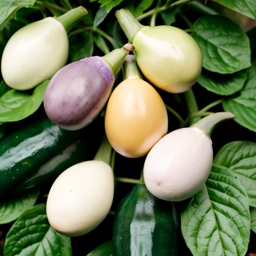 Солнечный сад с белыми баклажанами среди зелени.