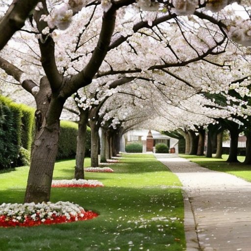 Серene сад с цветущими деревьями: вишня, жасмин, магнолия и груша с белыми цветами под мягким солнечным светом.