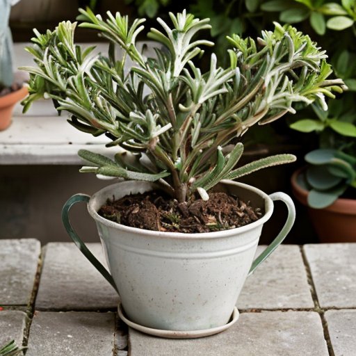 Здоровый розмарин и пораженный мучнистой росой в горшках на чистом фоне.