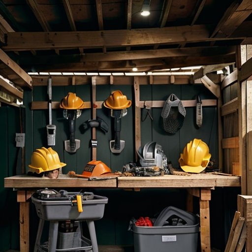 Организованное рабочее место для работы с бензопилой: верстак, бензопила, средства защиты и порядок.