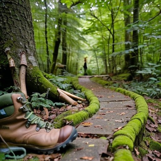 Спокойная лесная тропа с грибами, рядом карта, компас и GPS, а также туристическая обувь и рюкзак.