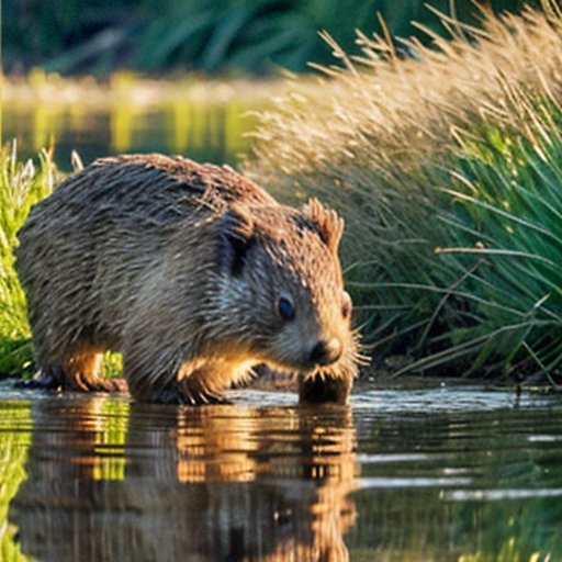 Спокойный пейзаж с бобровой плотиной в зелёном болоте, отражающей синее небо, окружённой растительностью и водной жизнью.