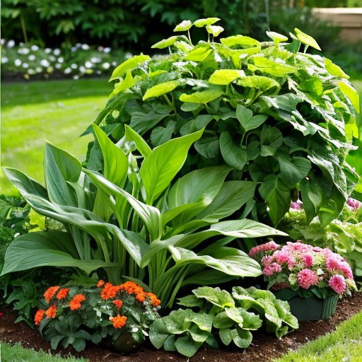 Цветущий сад с большими головками чеснока и яркими травами.