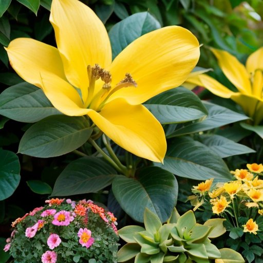 Цветущий сад с бульденизом, садовыми инструментами и яркими цветами.