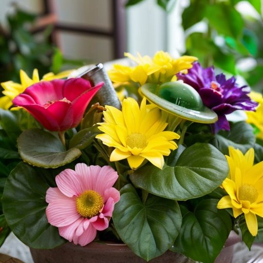 Яркий внутренний сад с зелеными растениями и цветами, рядом банка с комбучей.