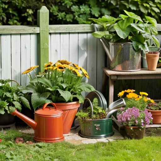 Сцена зелёного сада с растениями, банкой комбучи и поливальным ведром.