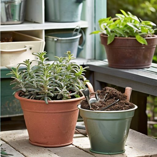 Упорядоченное рабочее пространство для размножения розмарина с инструментами и солнечным фоном.