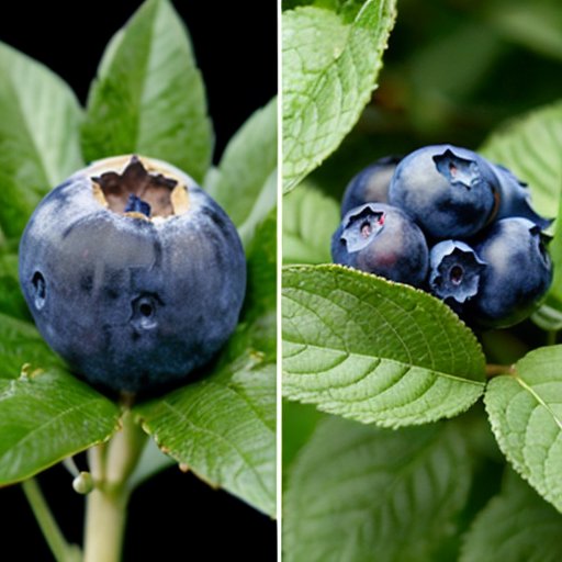 Сцена с черникой и голубикой: слева - куст черники с крупными синими ягодами, справа - куст голубики с мелкими тёмными ягодами.