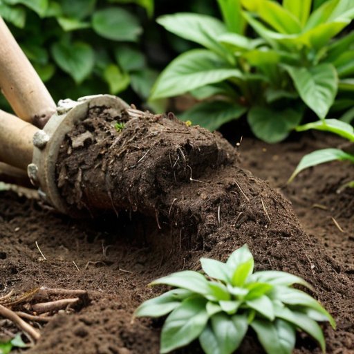 Кросс-секция чернозема в саду с корнями растений, инструментами для измерения толщины почвы и элементами удобрений.