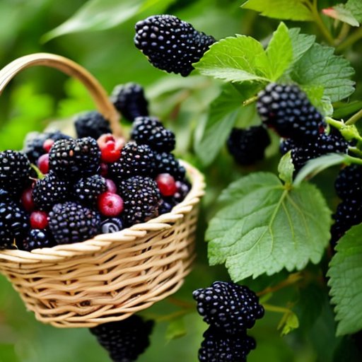 Яркий сад с чёрными ягодами, близкие планы чёрной смородины и ежевики, корзина с ягодами и указатель безопасных и ядовитых видов.