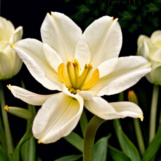 Элегантный сад с черными тюльпанами, зелеными листьями и мягким светом.