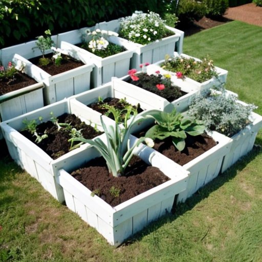 Упорядоченная грядка с чесноком, инструменты и поливочная канистра, ясное небо.