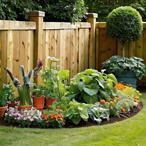 Яркий овощной сад с аккуратными грядками, полными здоровых овощей, окружённый зеленью и ясным небом.