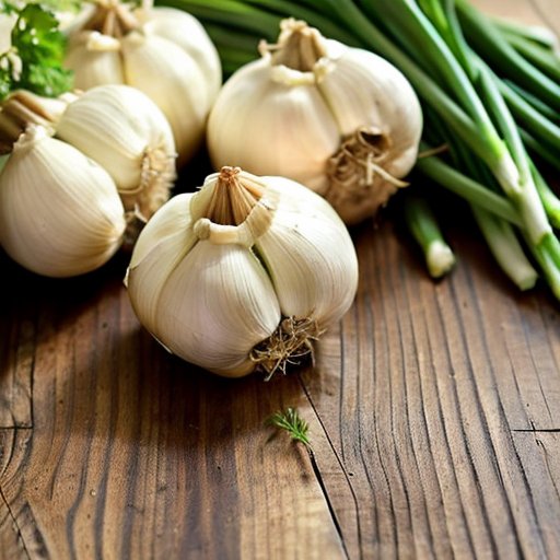 Яркая кухня с проросшими чесночными головками, свежими травами и овощами на деревянной доске.