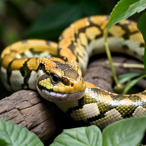 Плотный лесной пол с камнями, опавшими листьями и ветками, скрывающаяся змея под листом, передающая напряжение и осторожность.