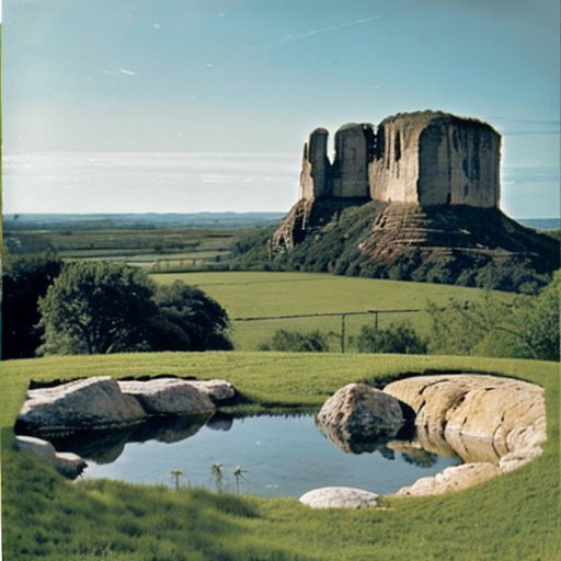 Природный ландшафт с крупной текстурированной скалой из диатомита, зелеными полями и ясным небом, отражающим пруд.