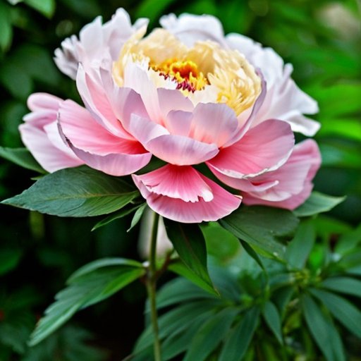 Цветущий сад диких пионов с разнообразием цветов и форм на фоне природного пейзажа.