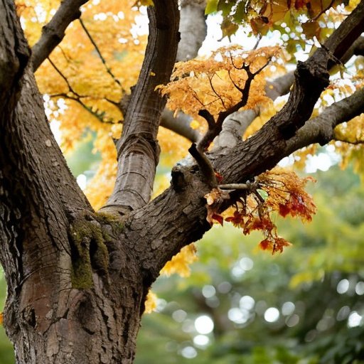 Величественный дуб в лесу с зелеными листьями, желудями и осенними листьями.
