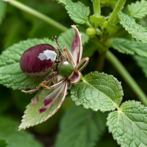 Здоровый куст черной смородины с яркими листьями и спелыми ягодами, увеличительное стекло на деформированных почках, поливочный кан и садовые ножницы рядом.