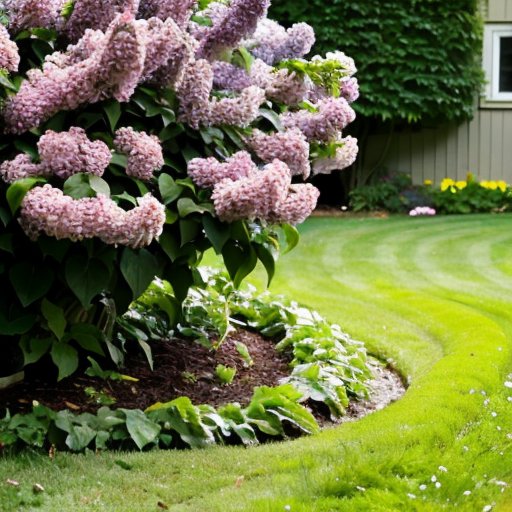 Ухоженный сад с ярким сиреневым кустом, аккуратной травой и инструментами для ухода.