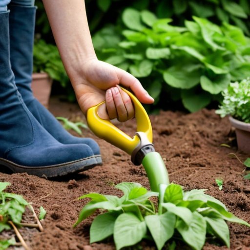 Яркий овощной сад с здоровыми растениями, ухоженной почвой и инструментами для ухода.