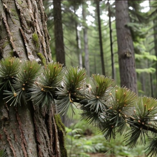 Лес хвойных деревьев с признаками болезни иголок: желтеющие и коричневеющие иглы, контраст здоровых и поражённых деревьев.