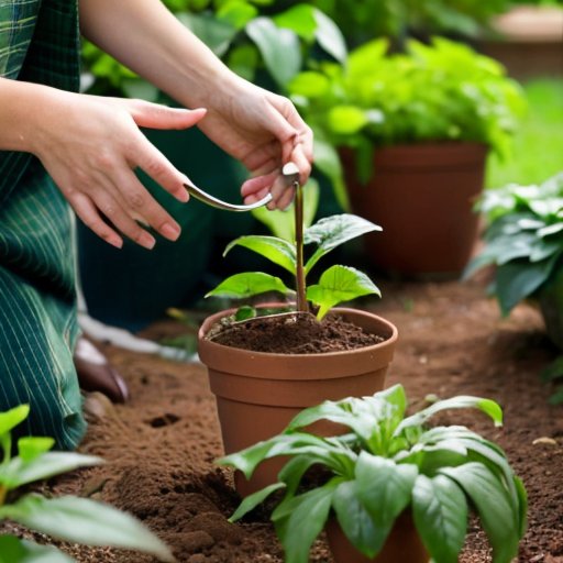 Цветущий сад с зелеными саженцами и удобрением для растений.