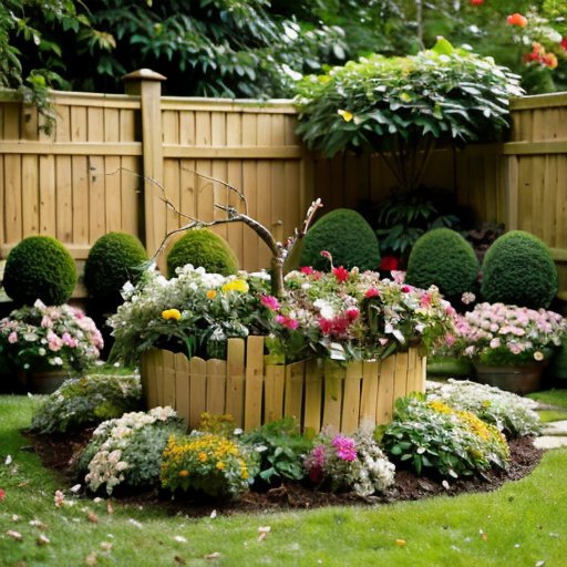 Серene сад с аккуратно сложенными ветками, зелеными растениями и яркими цветами, компостной бочкой и деревянными скульптурами.