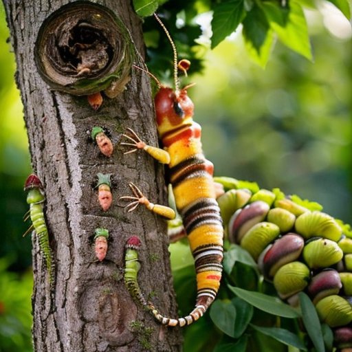 Деревянный ствол, обwrapped яркой липкой лентой, с насекомыми-паразитами и цветами в саду.