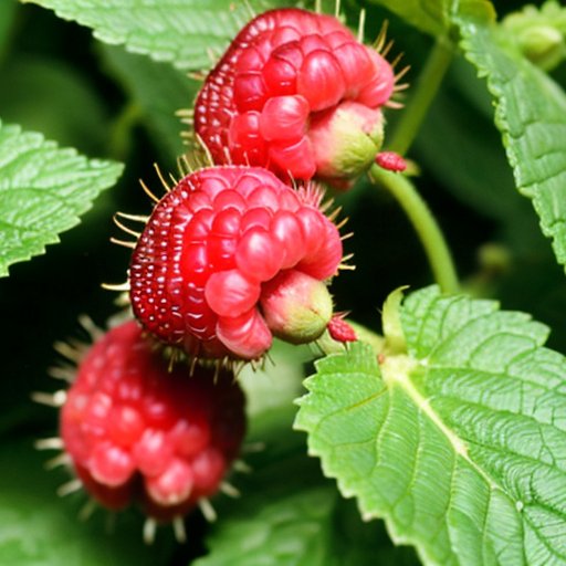 Малиновый куст с яркими ягодами и поврежденными листьями, рядом жуки.