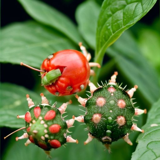 Здоровый перец с поврежденными листьями, пораженный вредителями, на фоне солнечного сада.