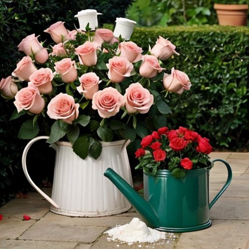 Сад ярких роз с удобрением и лейкой на фоне голубого неба.