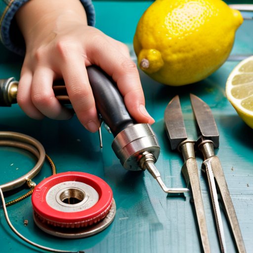 Рабочий стол для пайки с альтернативами флюса: лимонный сок, уксус, домашняя паста и коммерческий флюс, а также инструменты для пайки.