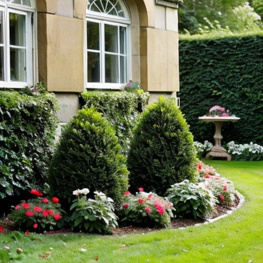 Куст черной смородины в ухоженном саду с цветами, мульчой и садовыми инструментами.