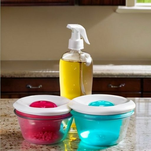 Чистая кухня с натуральными дезинфицирующими средствами и аккуратно сложенной посудой.