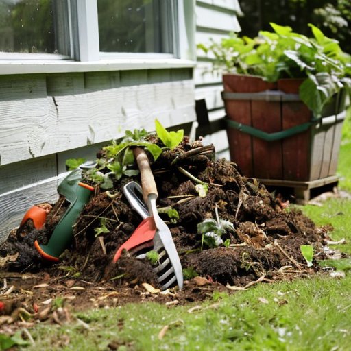 Куча компоста с садовыми инструментами на фоне здоровых растений.