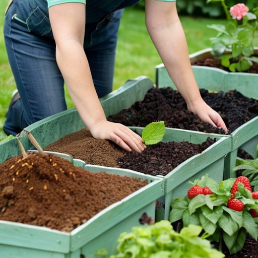 Яркий сад с черной смородиной и малиной, богатая почва, зелёные листья, спелые ягоды, удобрения и садовые инструменты.
