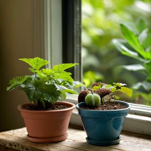 Яркая установка для комнатного садоводства с растениями, одним горшком с плесенью и инструментами на деревянном столе.