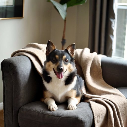 Уютная гостиная с креслом, покрытым пледом, и инструментами для удаления шерсти домашних животных.