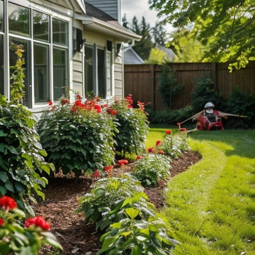 Заросли красной черемухи в саду с инструментами для борьбы.