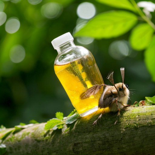 Бутылка биокиллер-пестицида с натуральными ингредиентами на ярком фоне зелёных растений и следами вредителей.